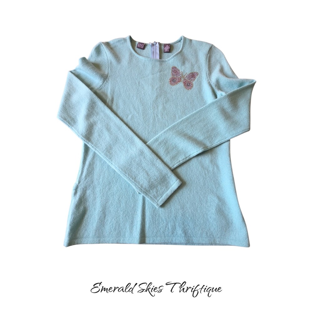 Vintage saks Fifth Ave cashmere sweater butterfly size small blue